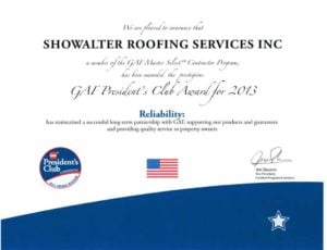 GAF President's Club Award for 2013, Showalter Roofing Services, Inc.